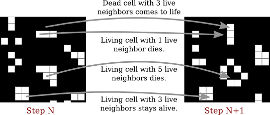 two generations in the game, showing how rules are applied